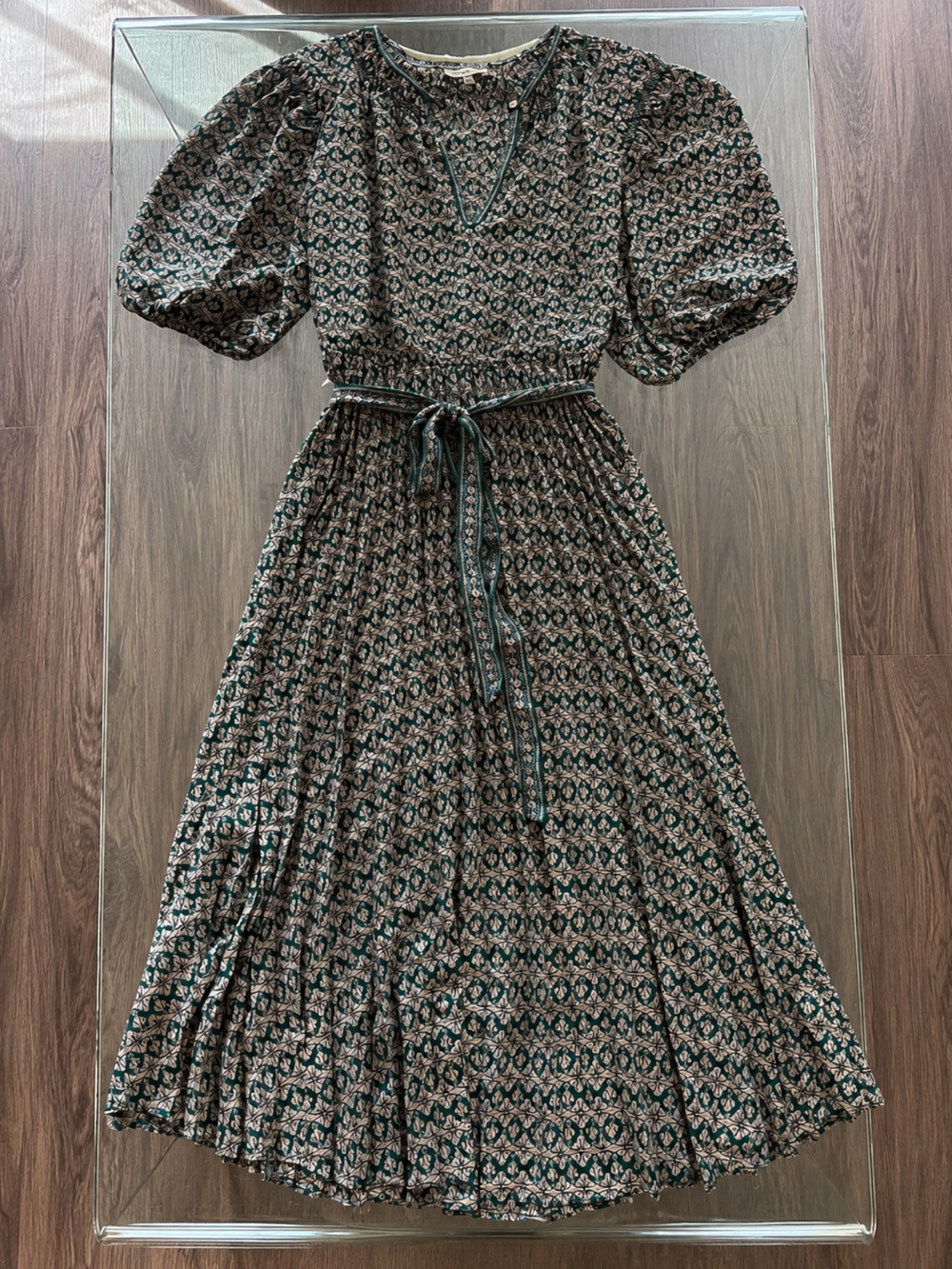 β¨ NWT Max Studio Boho Pleated Midi Dress | Tie Waist | Puff Sleeves | Size L β¨ - Picture 2 of 9